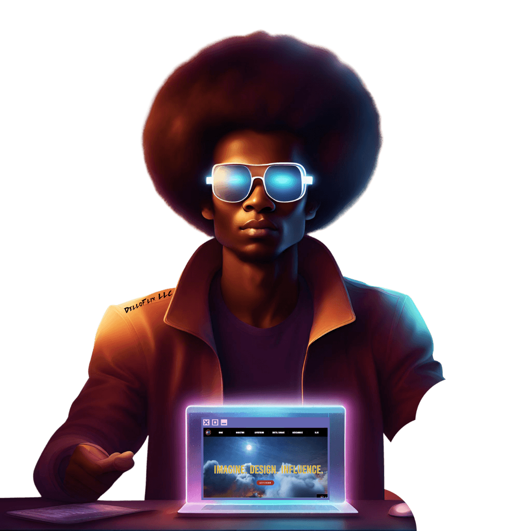 Illustrated creator with an afro and glowing glasses working at a laptop