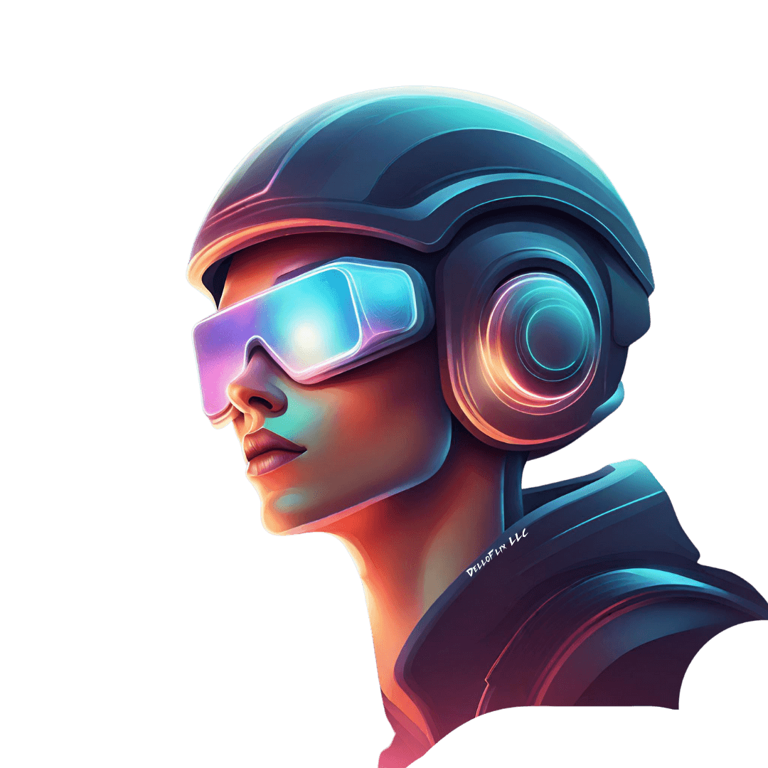 Illustrated figure wearing a reflective visor helmet