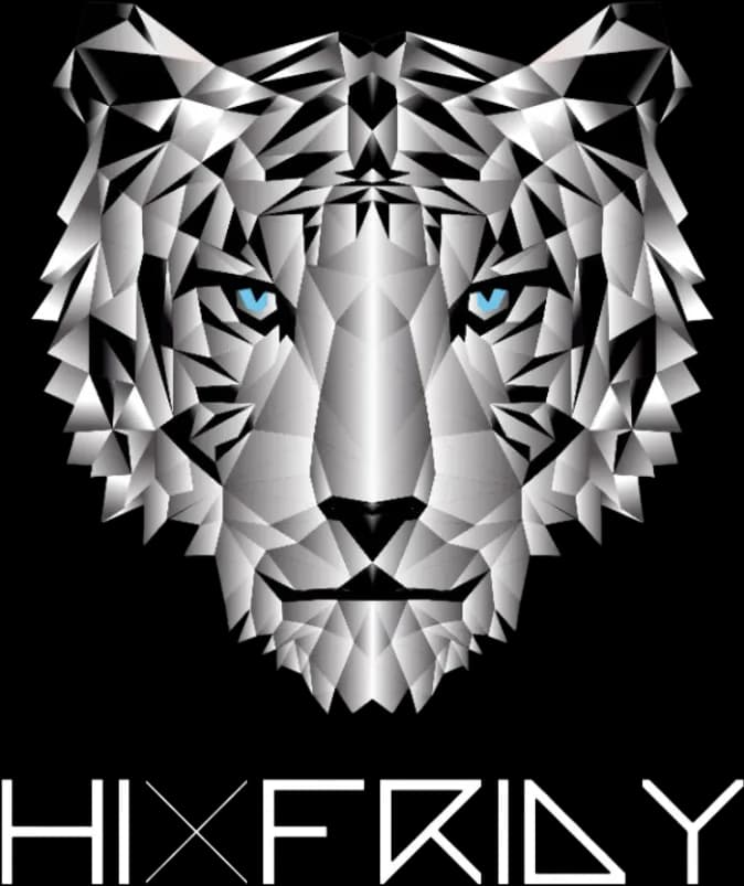 HiXFriday logo of a geometric low-poly white tiger head with blue eyes