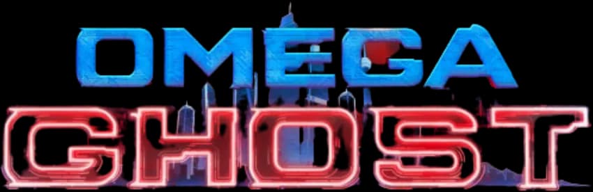 Omega Ghost metallic red and blue game title wordmark