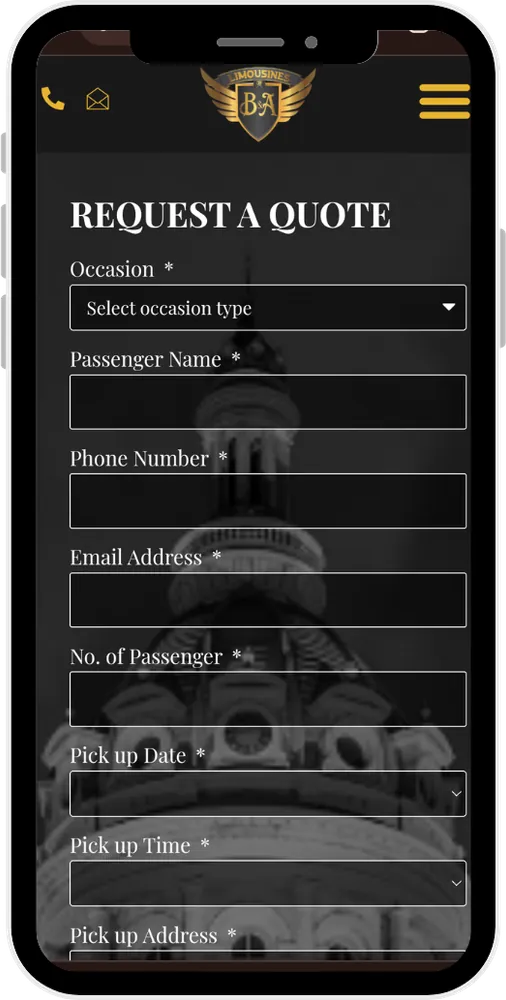 Mobile website request-a-quote form shown on a smartphone screen