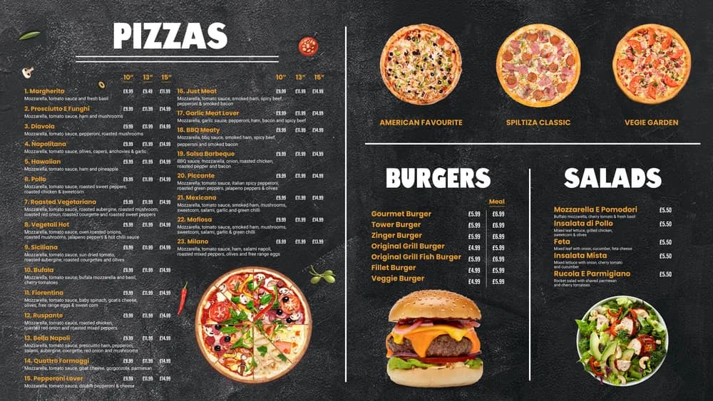 Restaurant menu board design with pizza, burger and salad sections on a dark chalkboard background