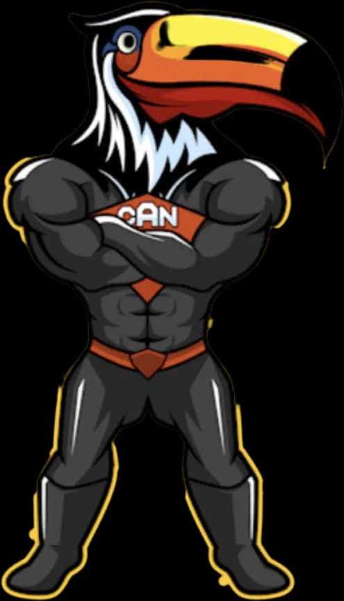 Muscular toucan superhero mascot in a black suit with arms crossed
