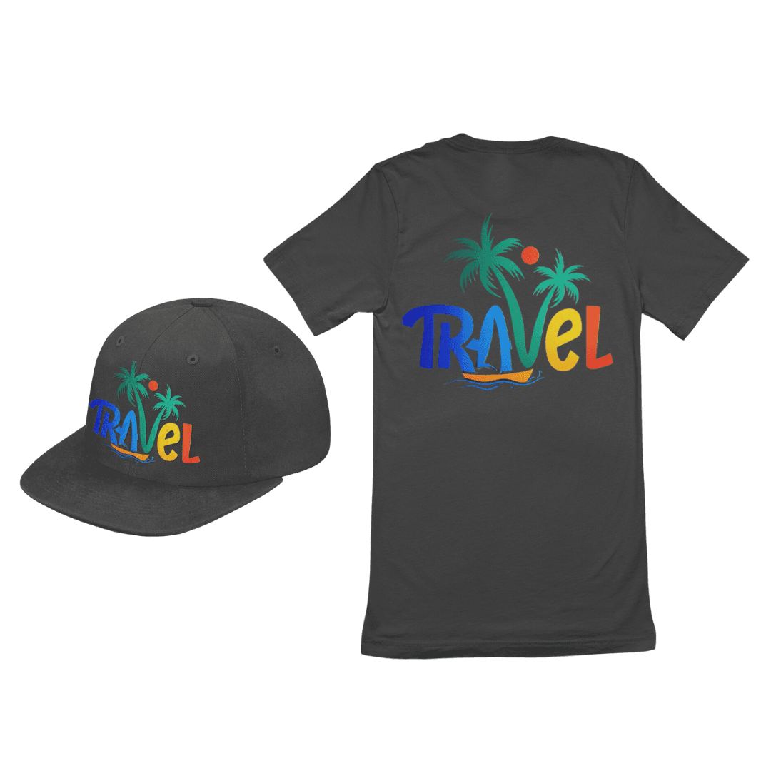Travel apparel graphic on a cap and t-shirt
